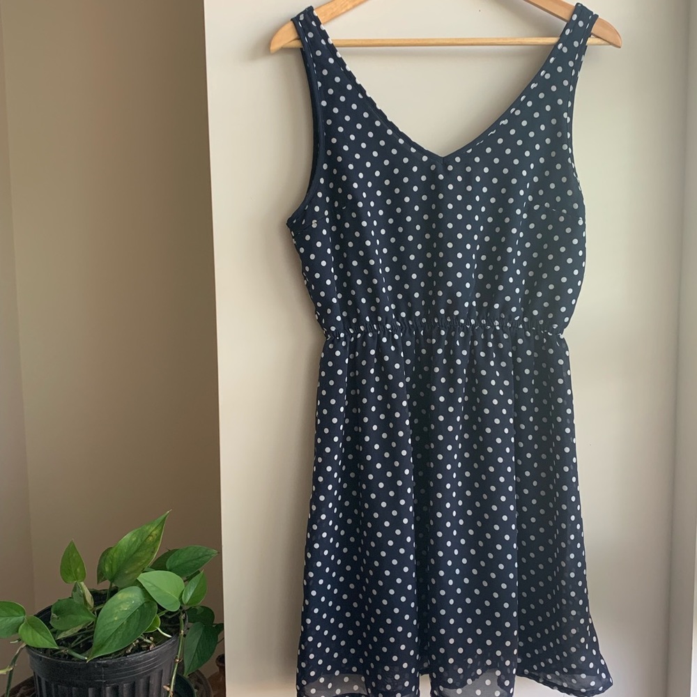 Blue dress with white polka dots